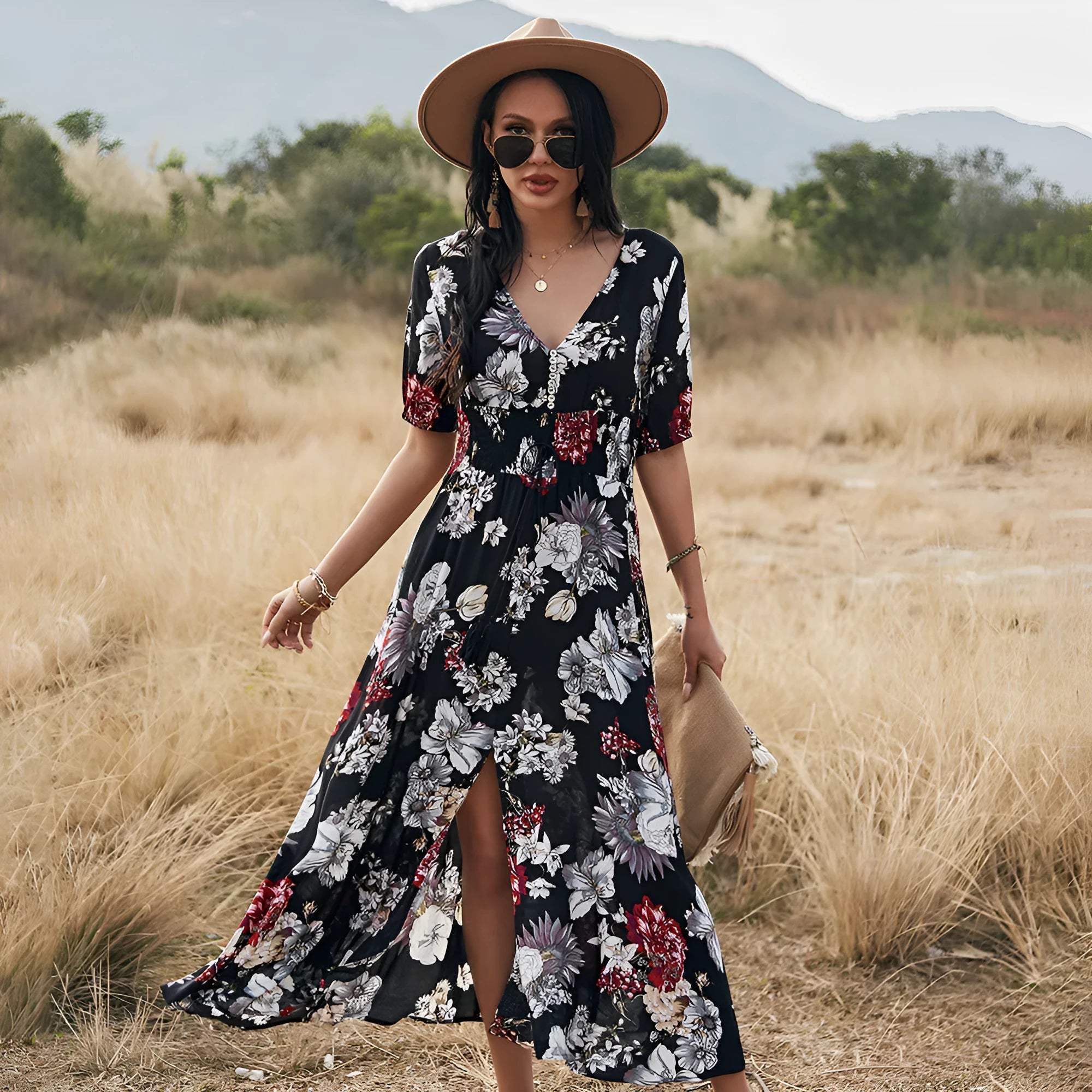 Women's floral summer beach dress with V-neck and high waist in yellow black or blue mid-length print