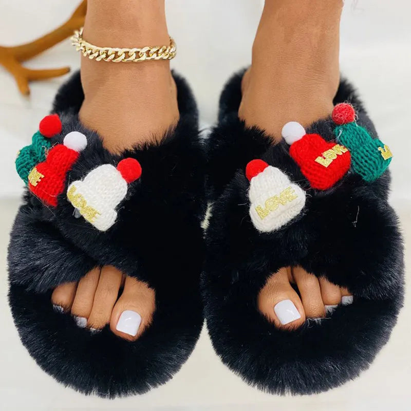 Women's Christmas hat design faux plush house slippers in black, khaki, and white.