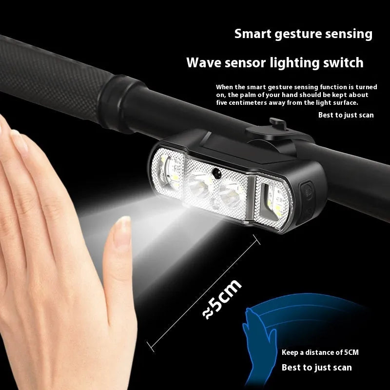 Black ABS bicycle headlight with LED display showing 350-lumen brightness and rechargeable battery