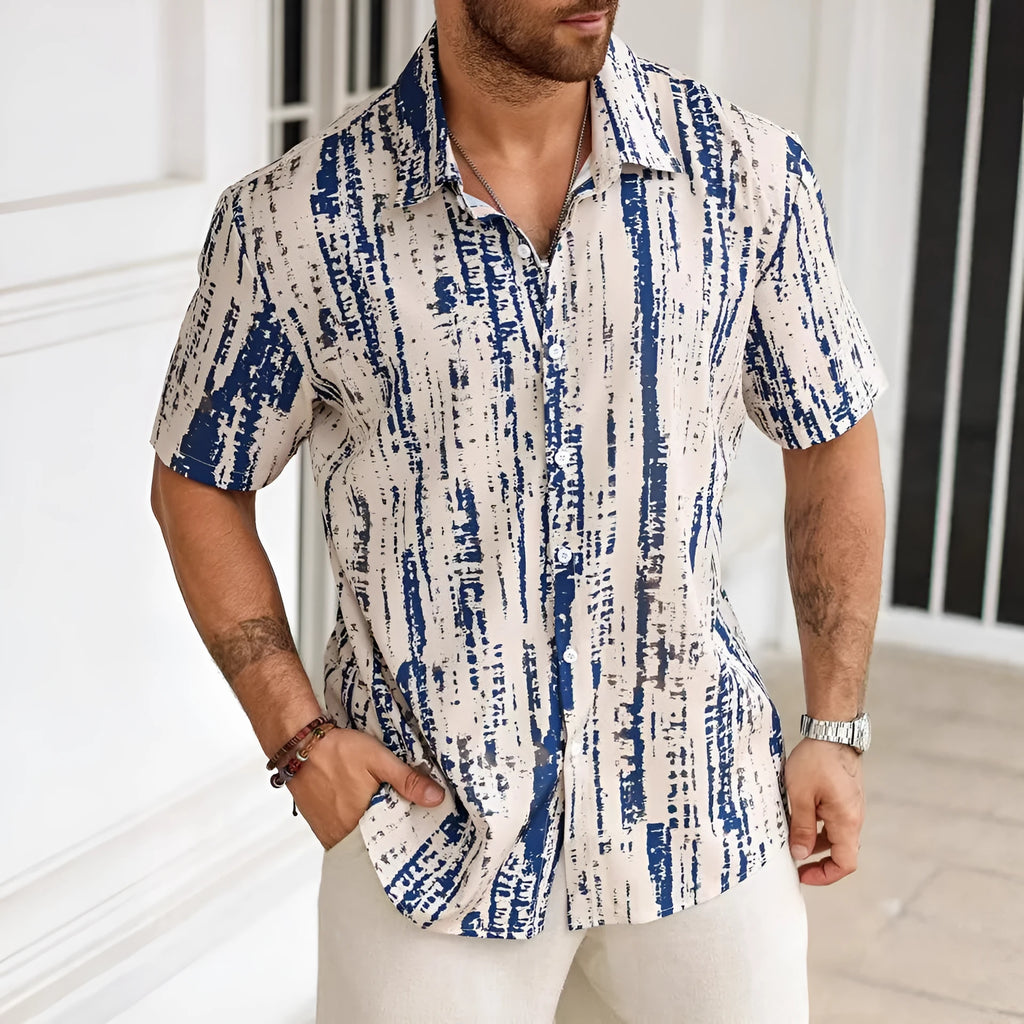 Men's short sleeve casual shirt with 3D printed striped pattern in summer colours