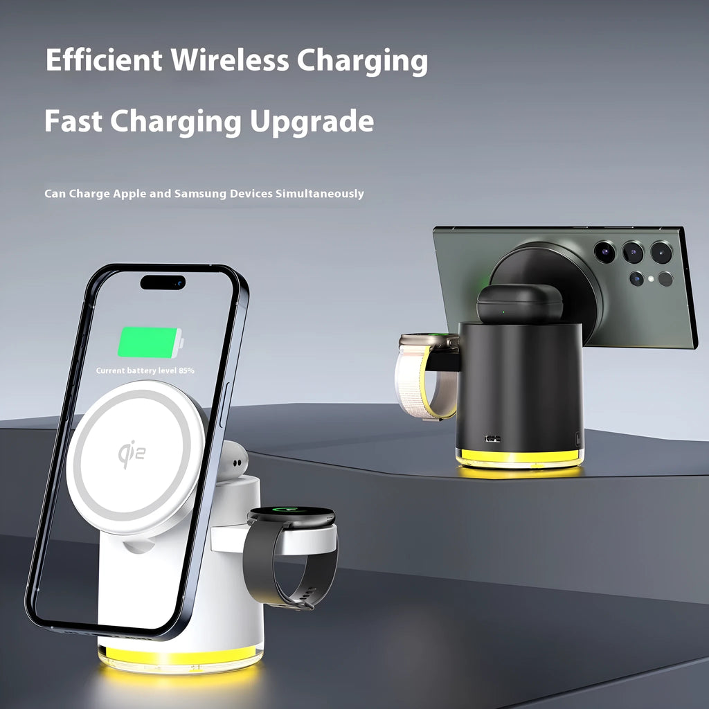 C16 portable magnetic three-in-one wireless folding charger in black and ivory white colours