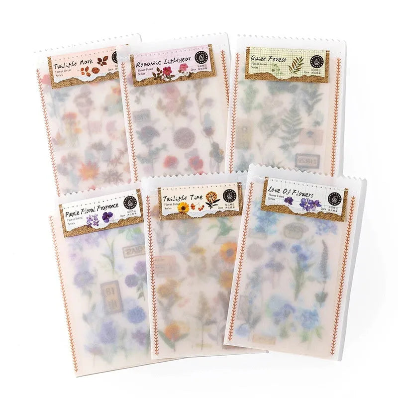 Huazhisen Series forest art sticker material pack showing printed transfer paper and cotton linen sheets