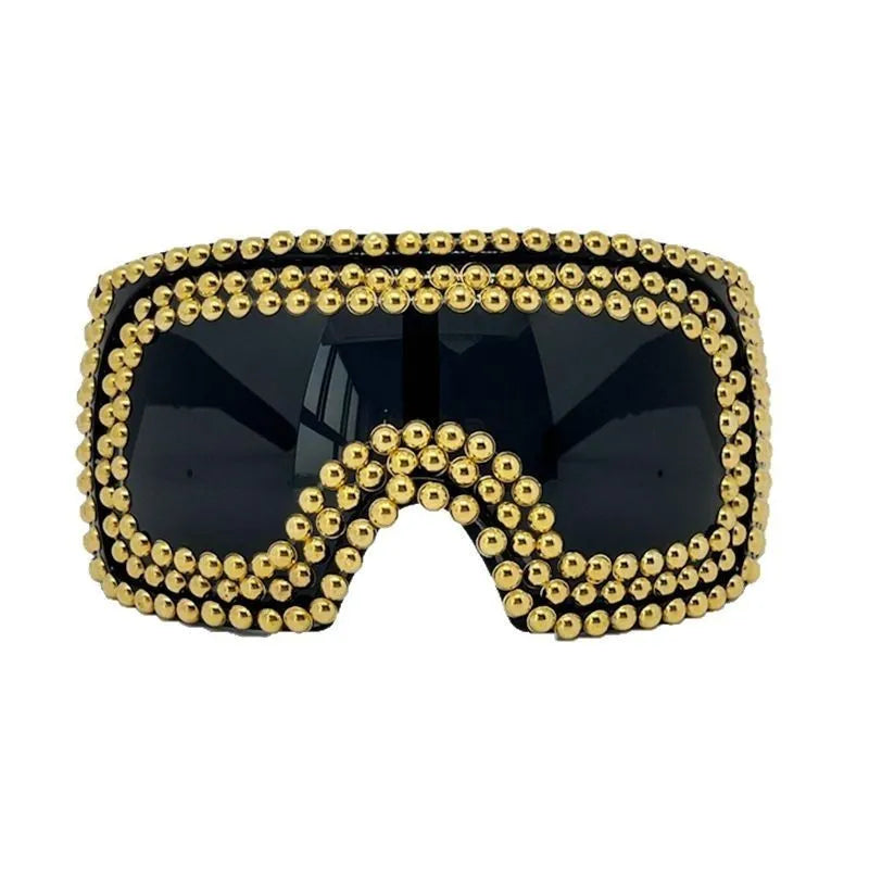 Men's punk square sunglasses with large frame and rivet details in silver or gold colour