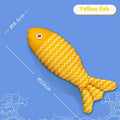 Yellow, red, and blue catnip-filled fish toys in small, medium, and large sizes for cats.