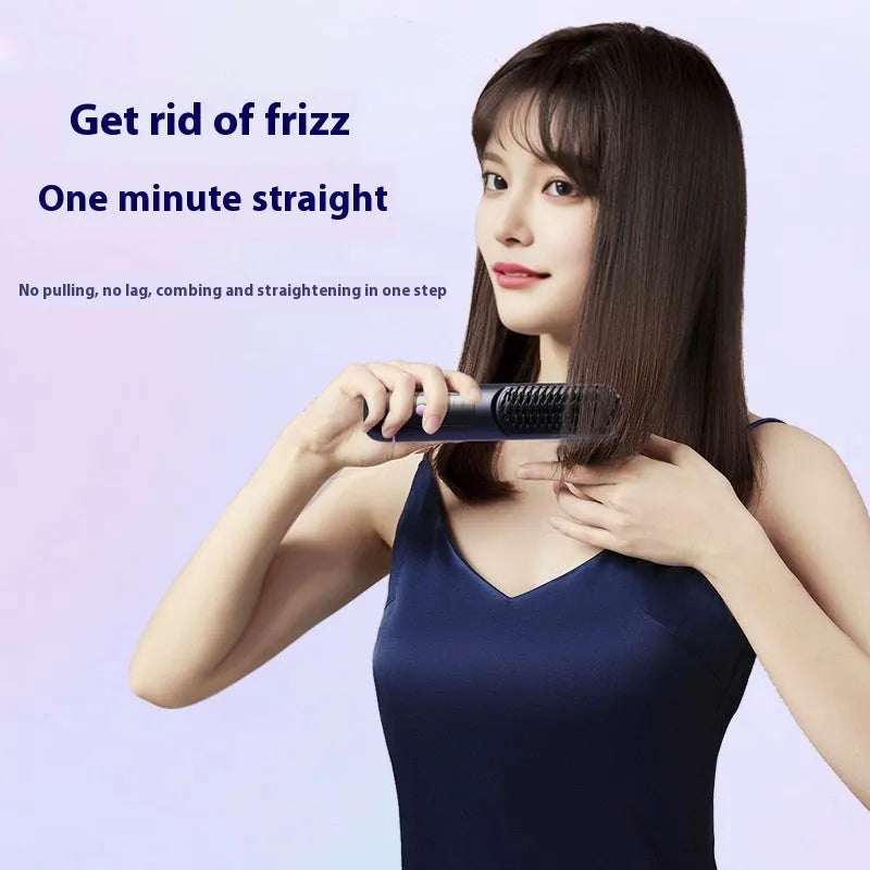 White, dark blue, and grey portable rechargeable negative ion hair comb for static control and straightening.