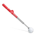 Telescopic golf swing simulator trainer in stainless steel, shown extended for use.