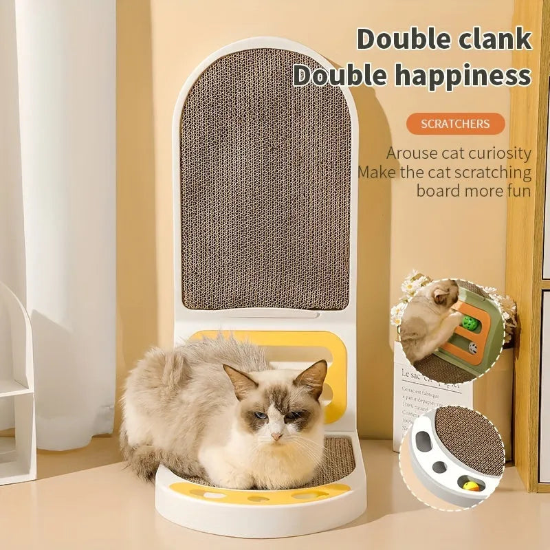 Grey L-shaped vertical cat scratching board with sisal surface mounted on a wall