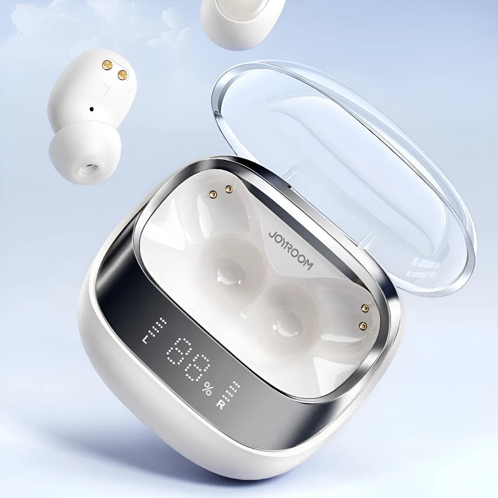Dawn white wireless Bluetooth in-ear headphones with a compact charging case on a neutral background.