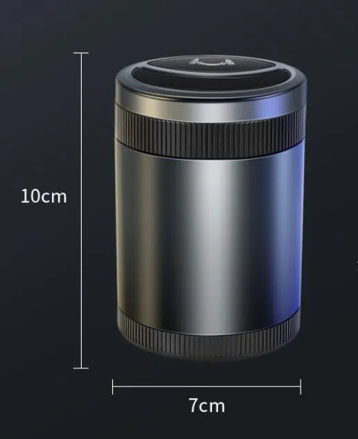 Automatic induction car ashtray with sensor lid in grey, black, red, and blue colours.