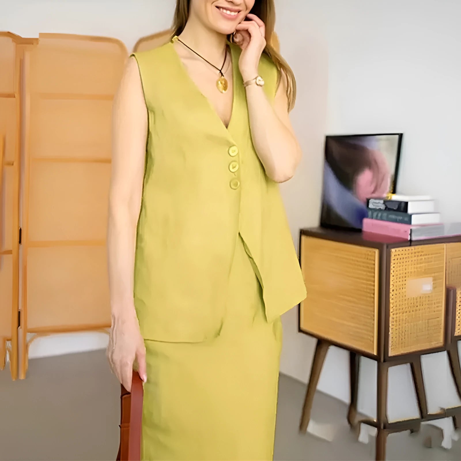 Women's blue sleeveless vest and long skirt two-piece casual suit set