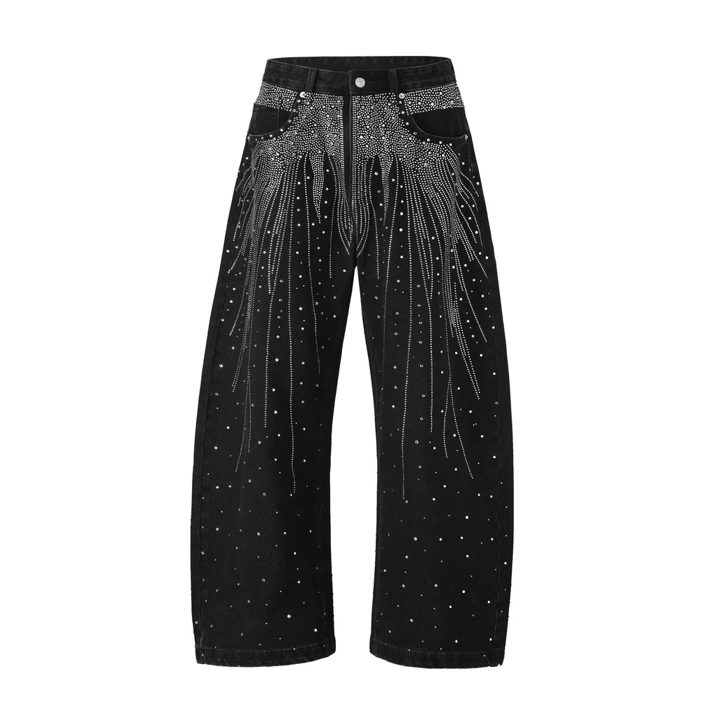 Blue loose-fitting wide-leg cotton trousers on hanger showing pullover style and streetwear design