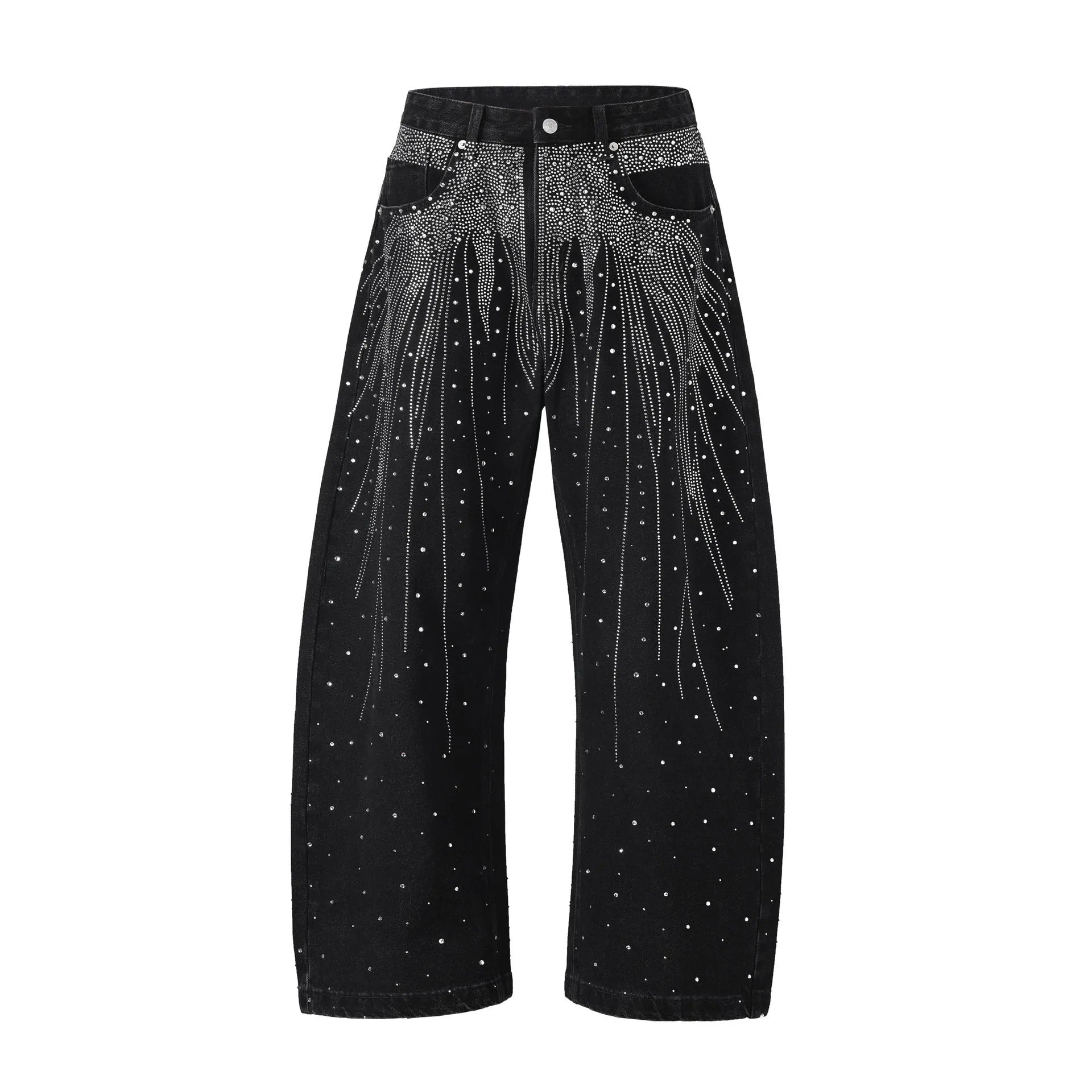 Blue loose-fitting wide-leg cotton trousers on hanger showing pullover style and streetwear design