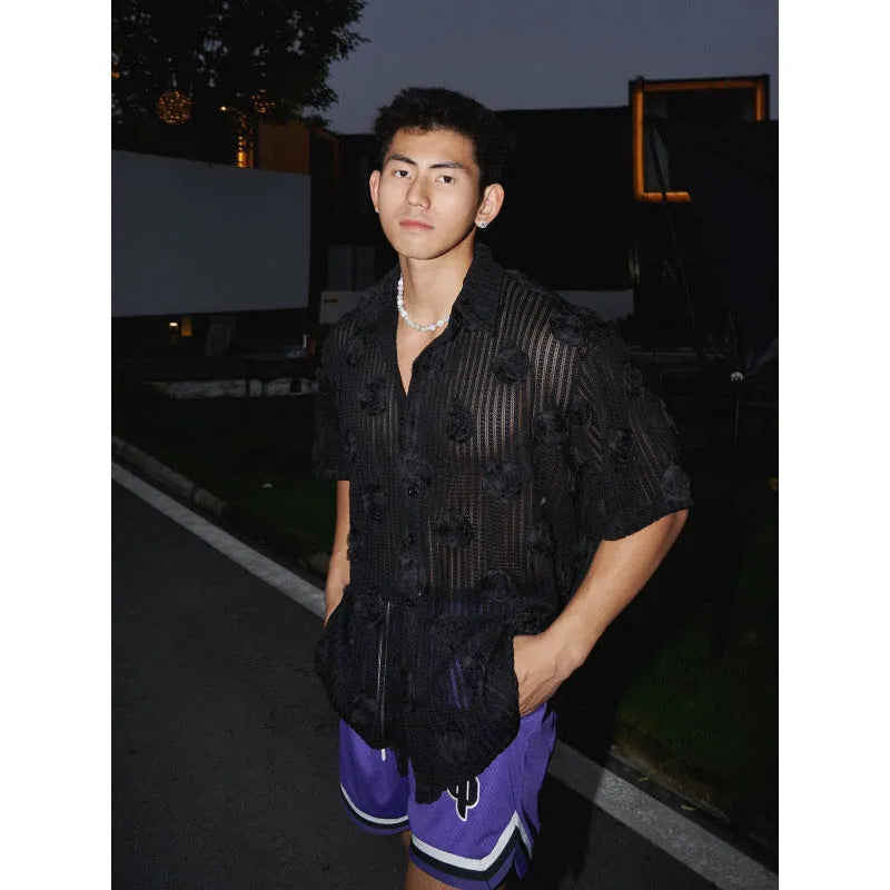 Heavy industry short-sleeved shirt with three-dimensional floral print in milky white and black polyester fabric