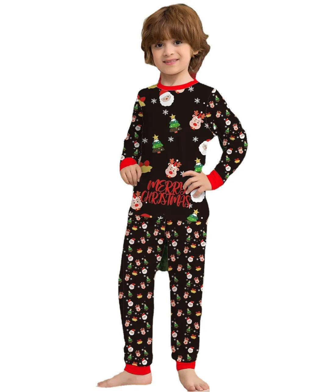 Matching family Christmas pajamas set for parents, children, baby and dog on sofa