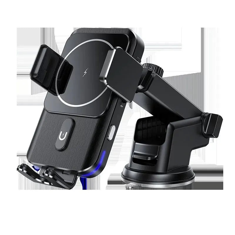 Black car wireless phone charger holder showing 15W charging and clip/suction cup mounting options