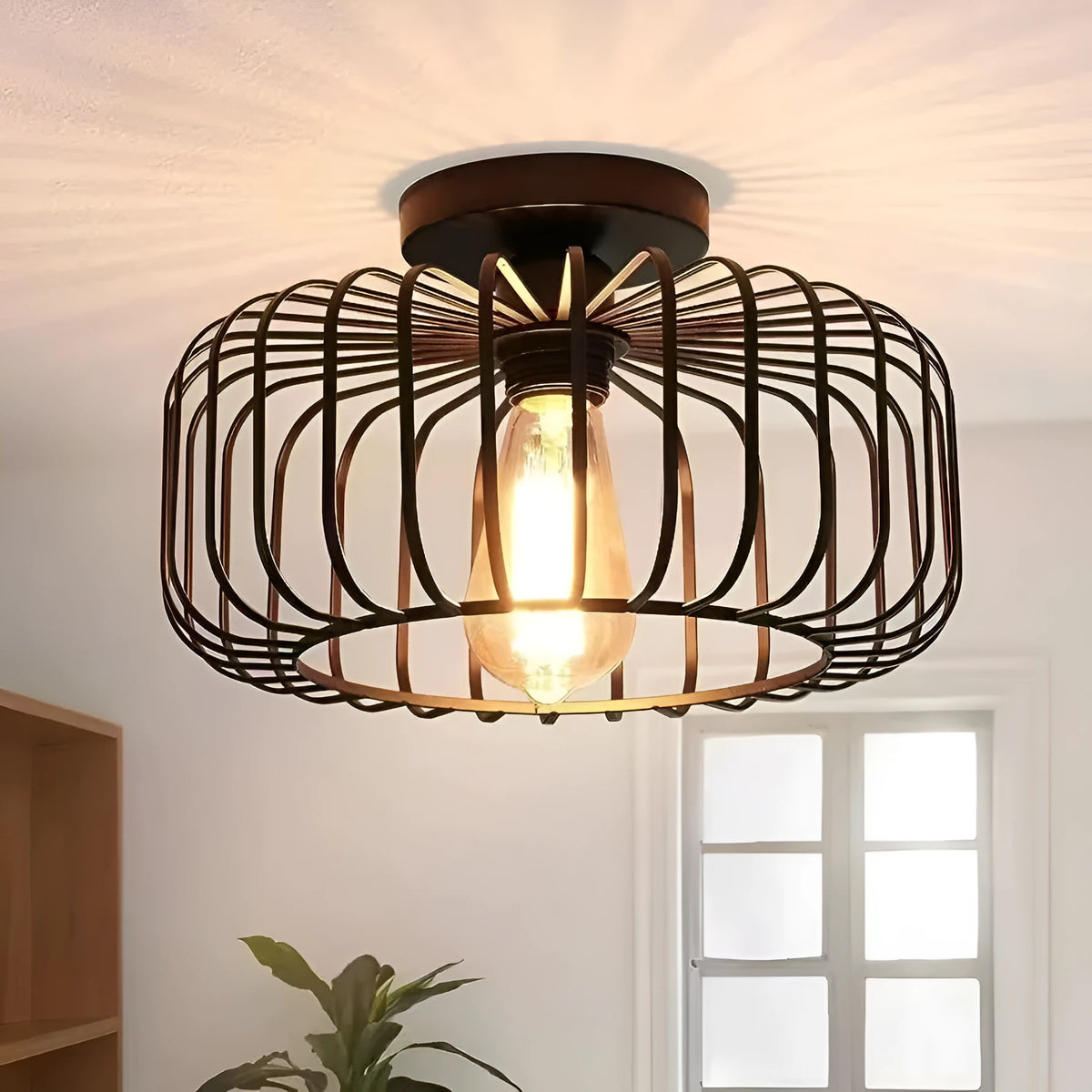 Round indoor ceiling light with iron body and acrylic shade for living room, bedroom, or hall, LED light source