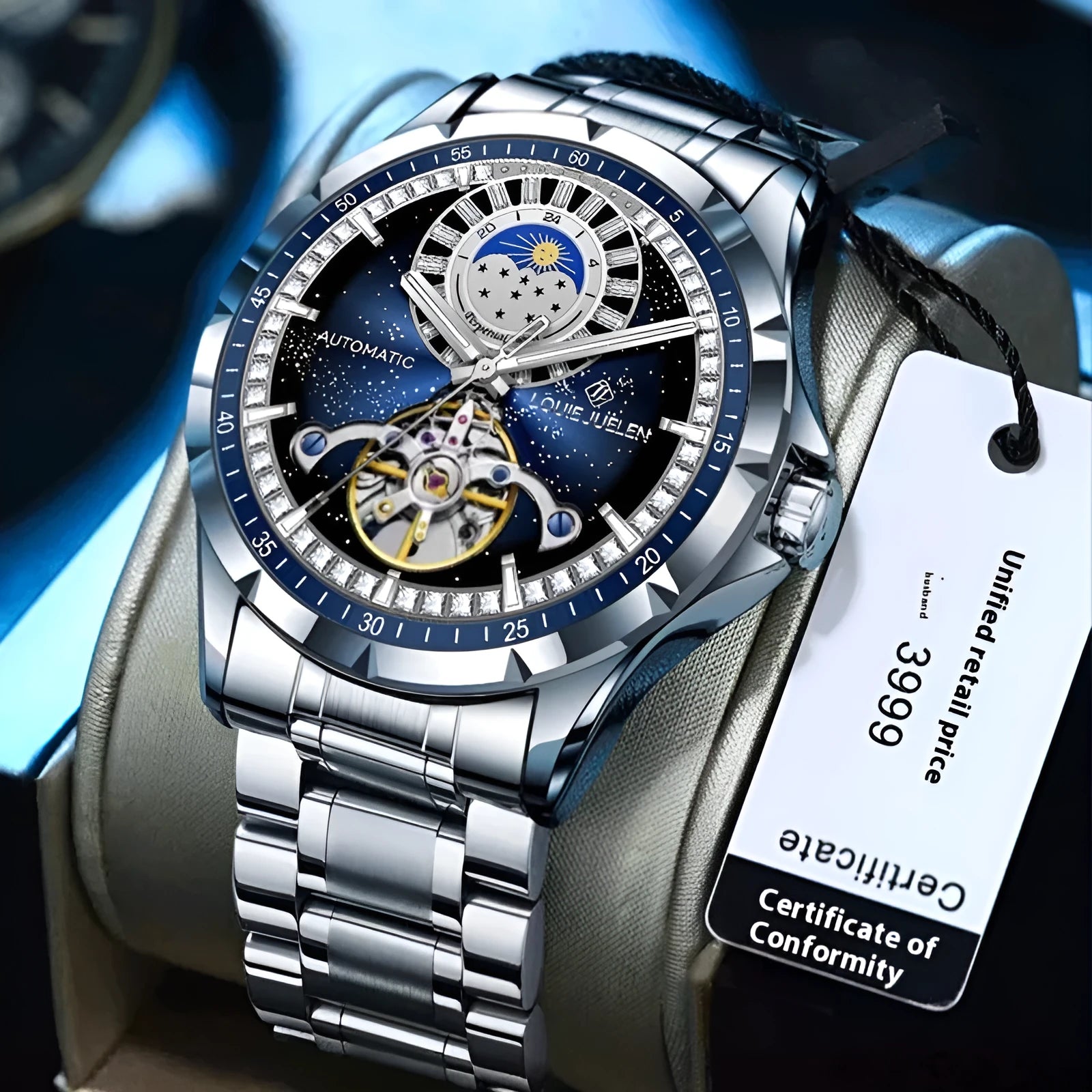 Silver automatic mechanical watch with blue dial on stainless steel bracelet