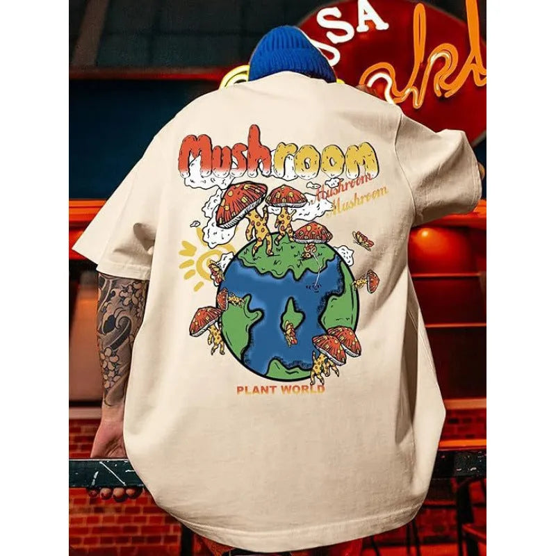 Printed men's short sleeve sports T-shirt with digital pattern design on polyester fabric.