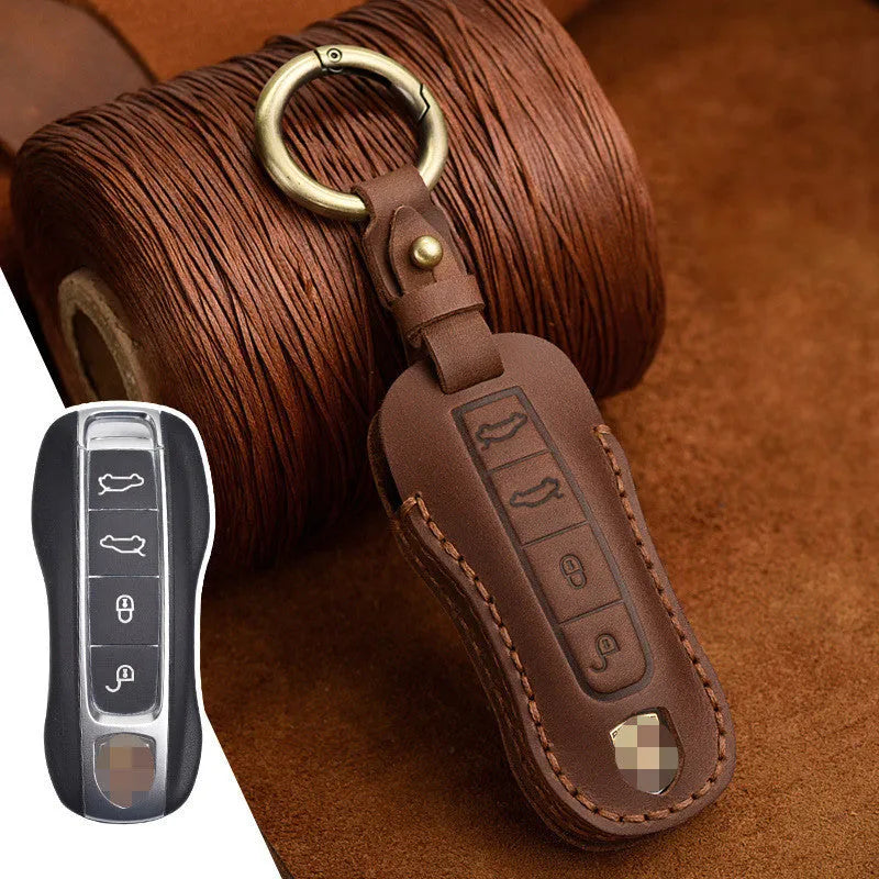 Genuine leather Porsche key case with retro bag buckle in blue and brown colour options