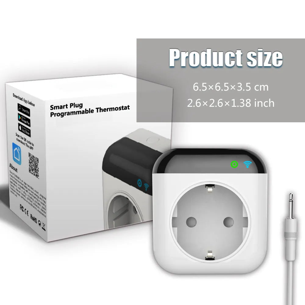 White Tuya smart temperature control socket with US three-prong outlet and a connected temperature sensor probe.