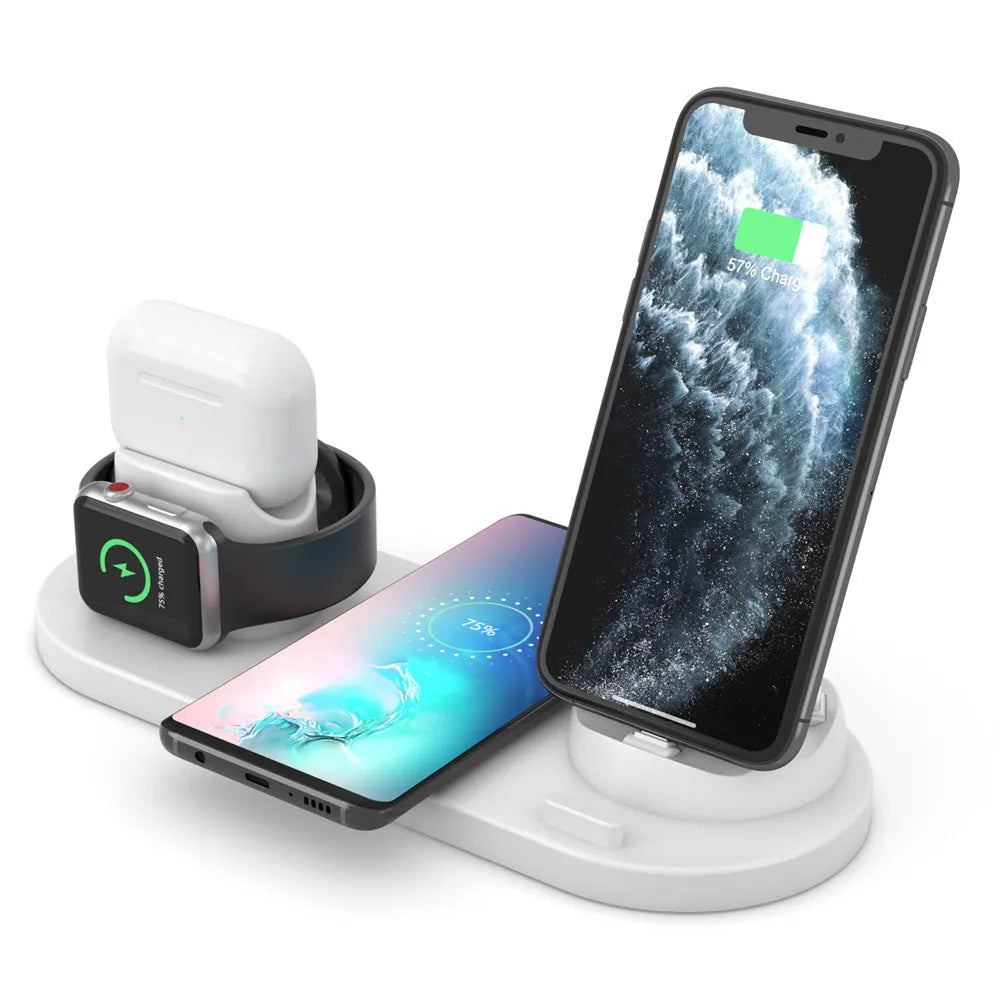Black or white 6-in-1 wireless charging station holding phone with AirPods and watch charging