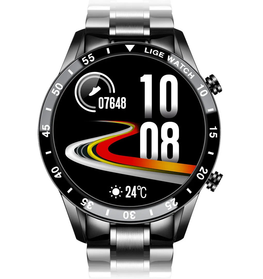 Smart watch with stainless steel wristband and 1.3-inch touch screen display