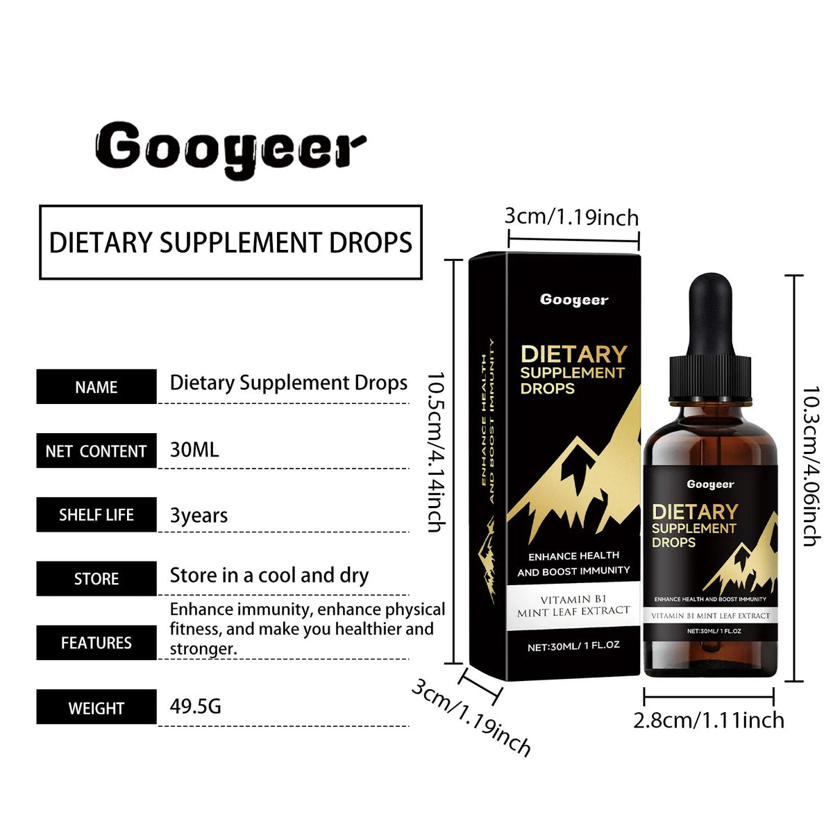30 ml bottle of dietary supplement drops with a glass dropper on a white background.