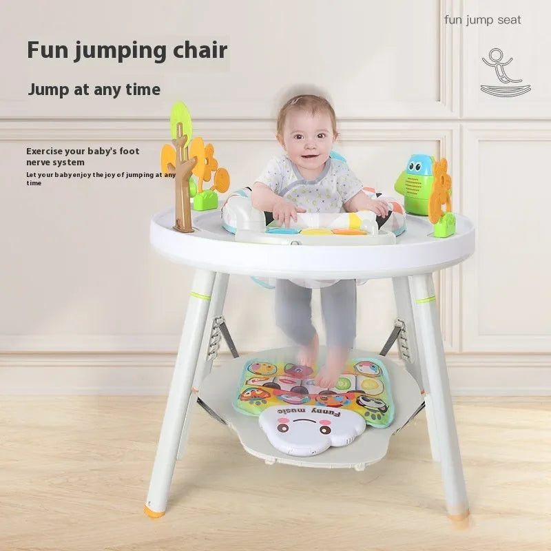 Baby jumping chair with three-in-one gymnastic rack function in plastic construction