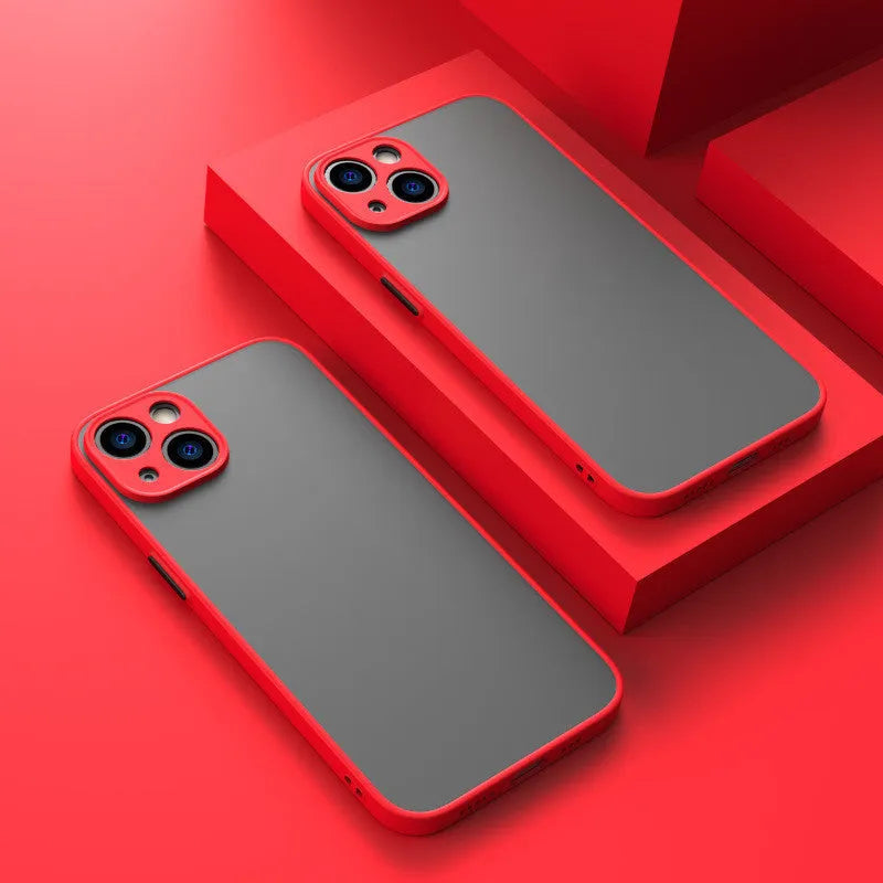 Black frosted hard iPhone case with full camera lens cover and fine hole skin-sensing design on a table.