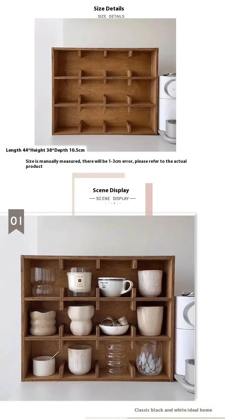 Square birch wood cup storage rack with multiple grid compartments for mug and glass organisation