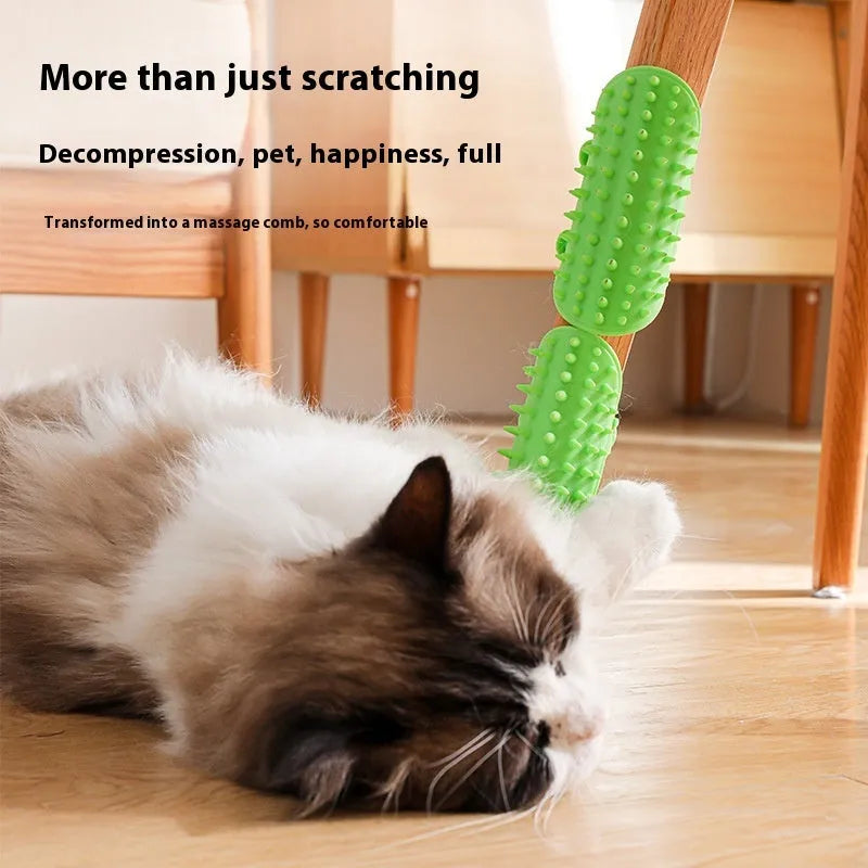 Adjustable silicone cat scratching grooming brush in black, mounted on a table leg.
