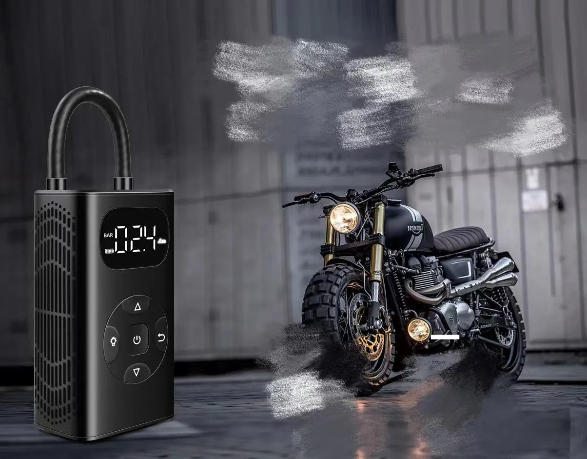 Black portable power bank tyre inflator with hose for cars and bikes