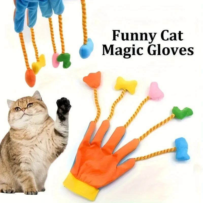 Yellow and blue plush cat toy trailer with magic glove design and bell, shown next to a 40cm ruler for scale.
