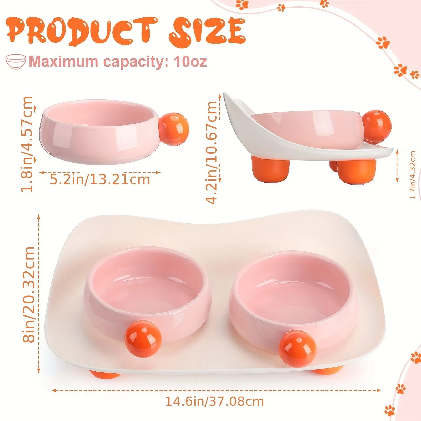 Elevated ceramic pet feeding bowl set with two bowls on raised platform