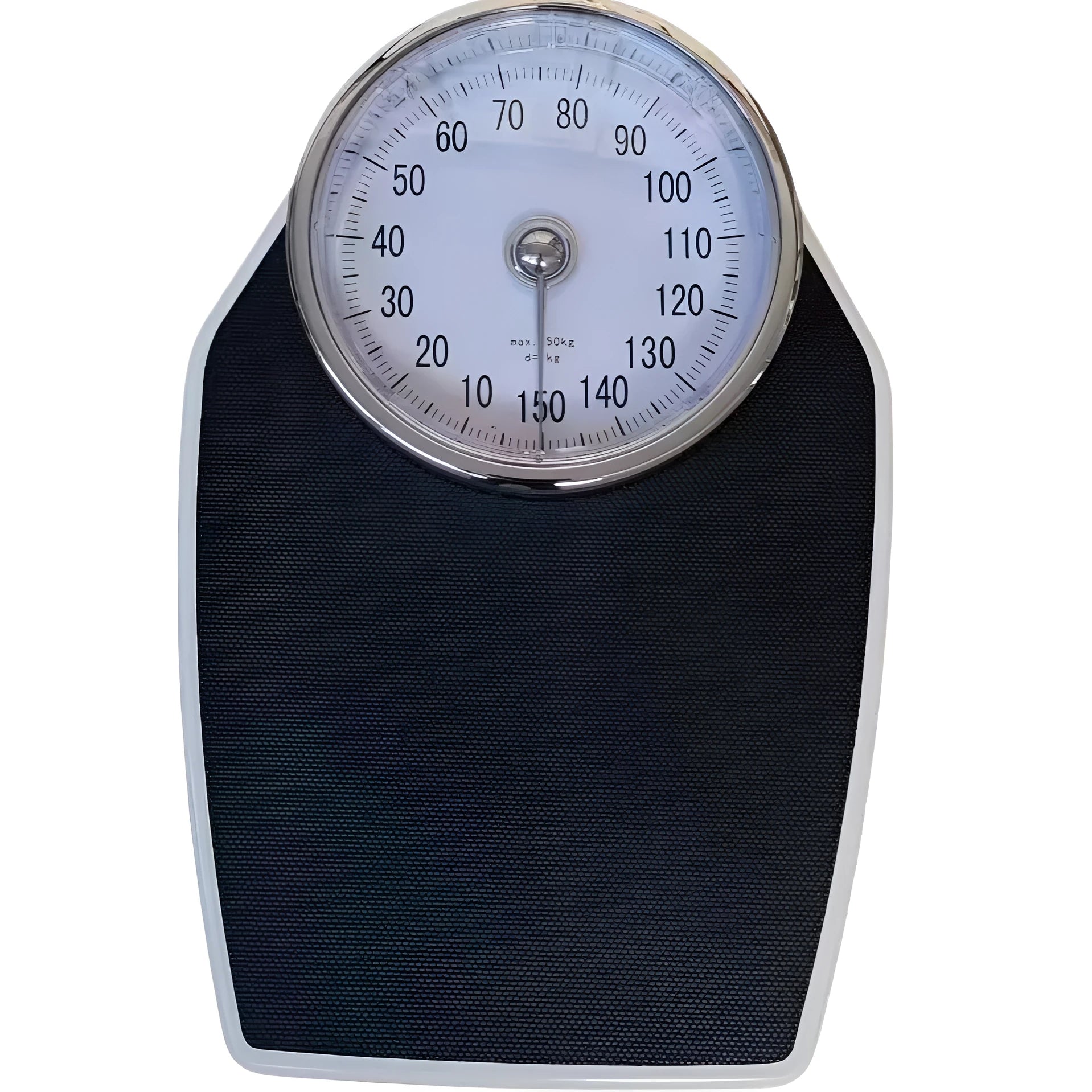 Black mechanical body weight scale with large dial display measuring 47x35x11cm