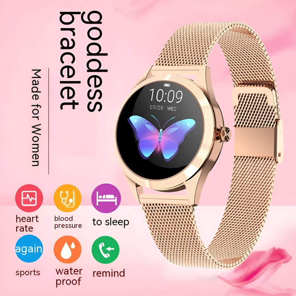 Women's multi-functional sports smartwatch in rose gold showing heart rate monitor and waterproof fitness features