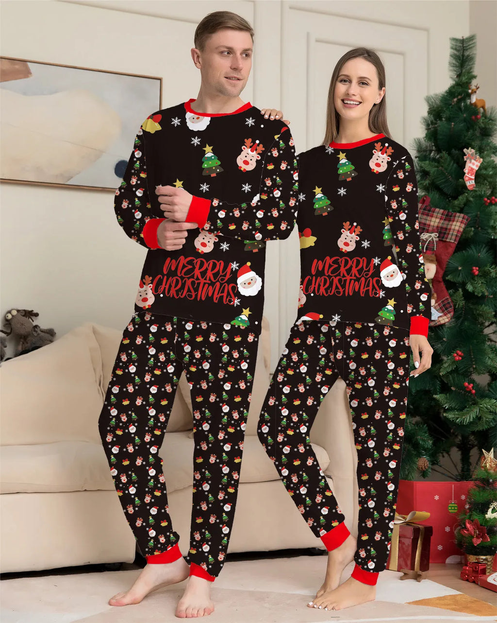 Matching family Christmas pajamas set for parents, children, baby and dog on sofa
