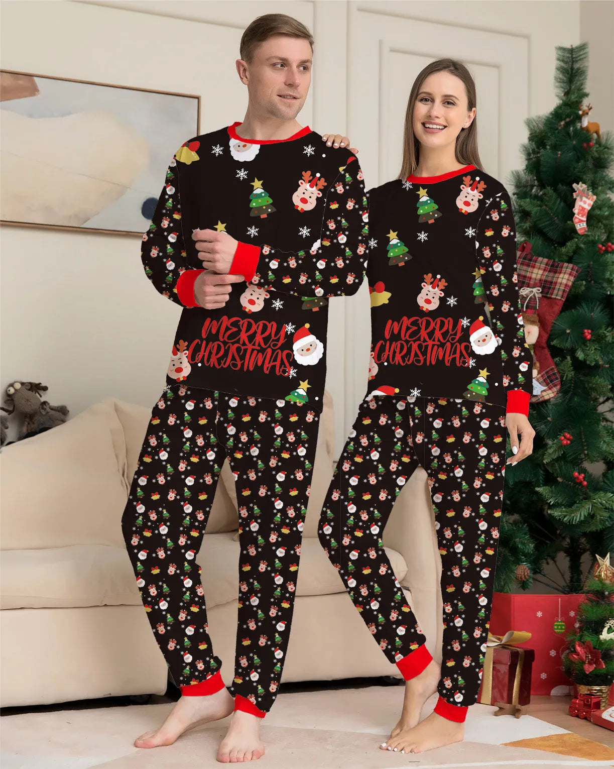 Matching family Christmas pajamas set for parents, children, baby and dog on sofa
