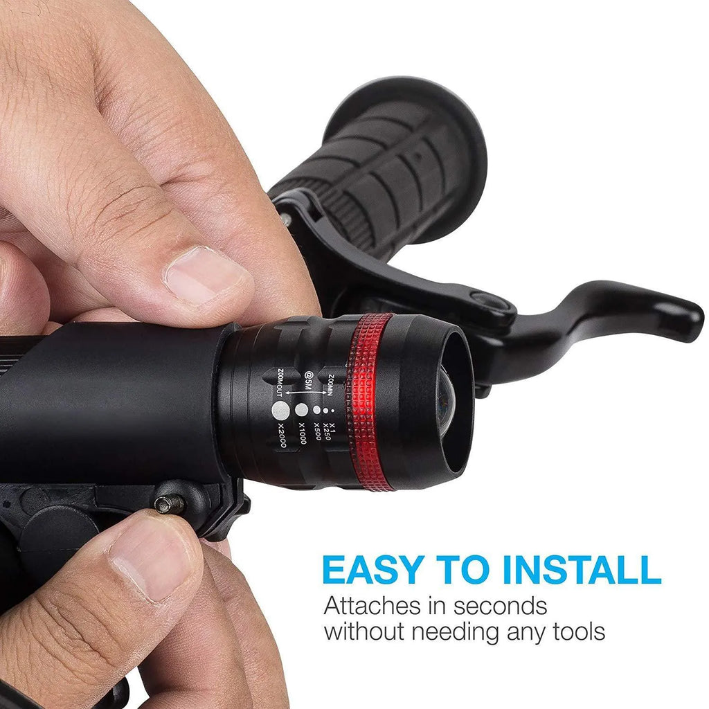 Bicycle headlight and taillight set including LED flashlight, mounting bracket, and rear light.