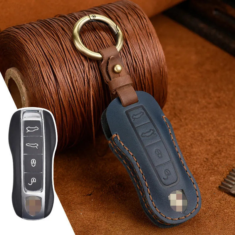 Genuine leather Porsche key case with retro bag buckle in blue and brown colour options