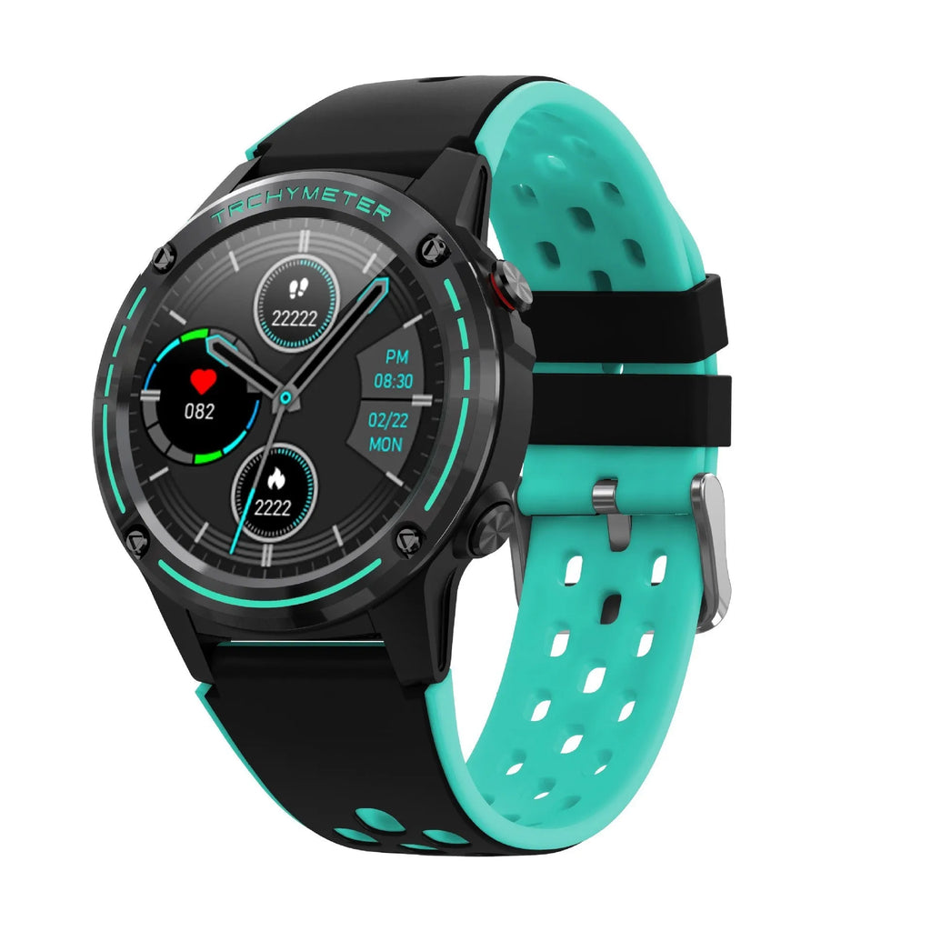 GPS smart watch with black silicone strap and toughened glass screen showing fitness tracking display