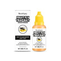 30ml bottle of clear liquid fruit fly trap bait with ingredient label showing fructose and sorbitol.