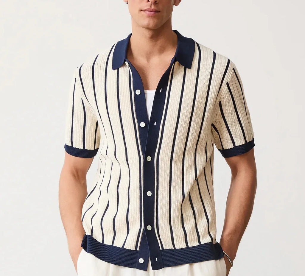 Men's white asymmetric knitted short sleeve top with lapel collar and striped pattern