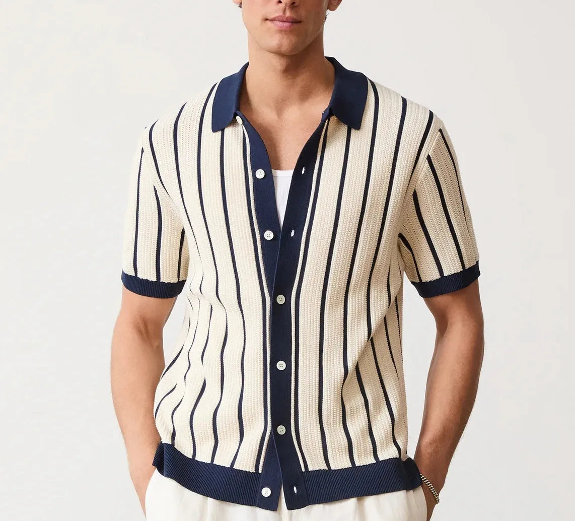 Men's white asymmetric knitted short sleeve top with lapel collar and striped pattern