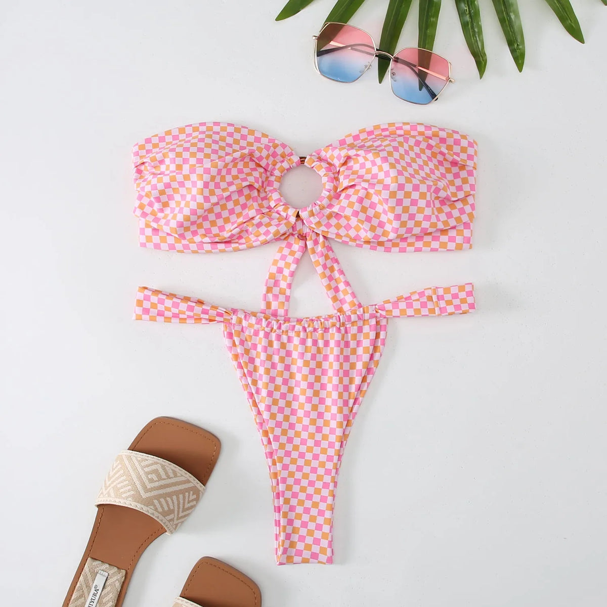 Women's floral print ring bikini swimsuit with tube top and briefs in spandex-lined polyester fabric