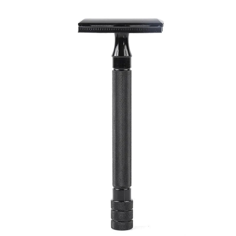 Traditional manual safety razor and shaving brush combination set in black or silver finish