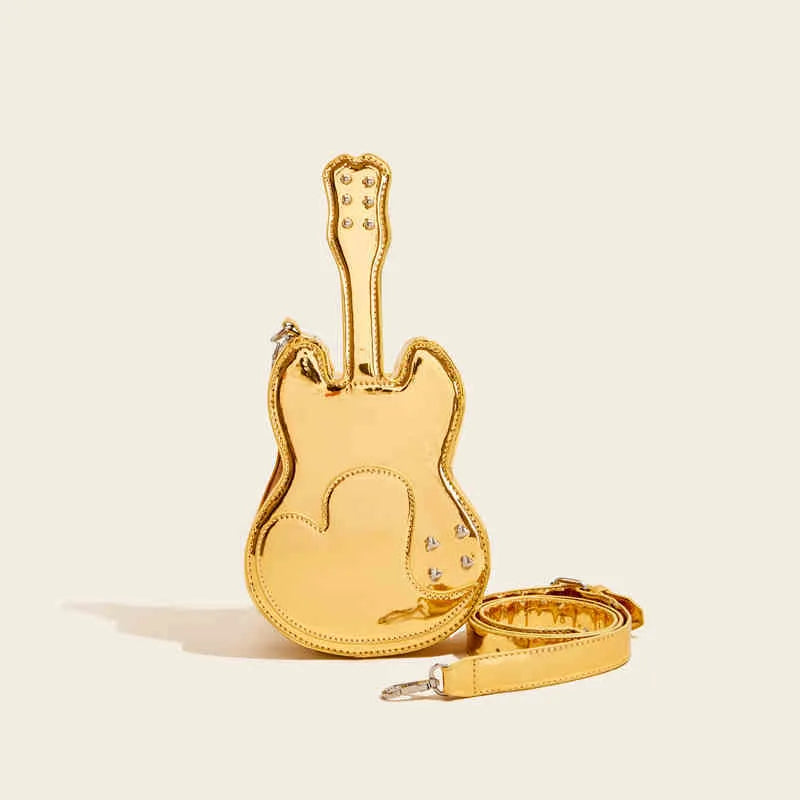 Guitar shaped PU crossbody shoulder bag in silver black yellow blue pink with 16cm width for phone and wallet