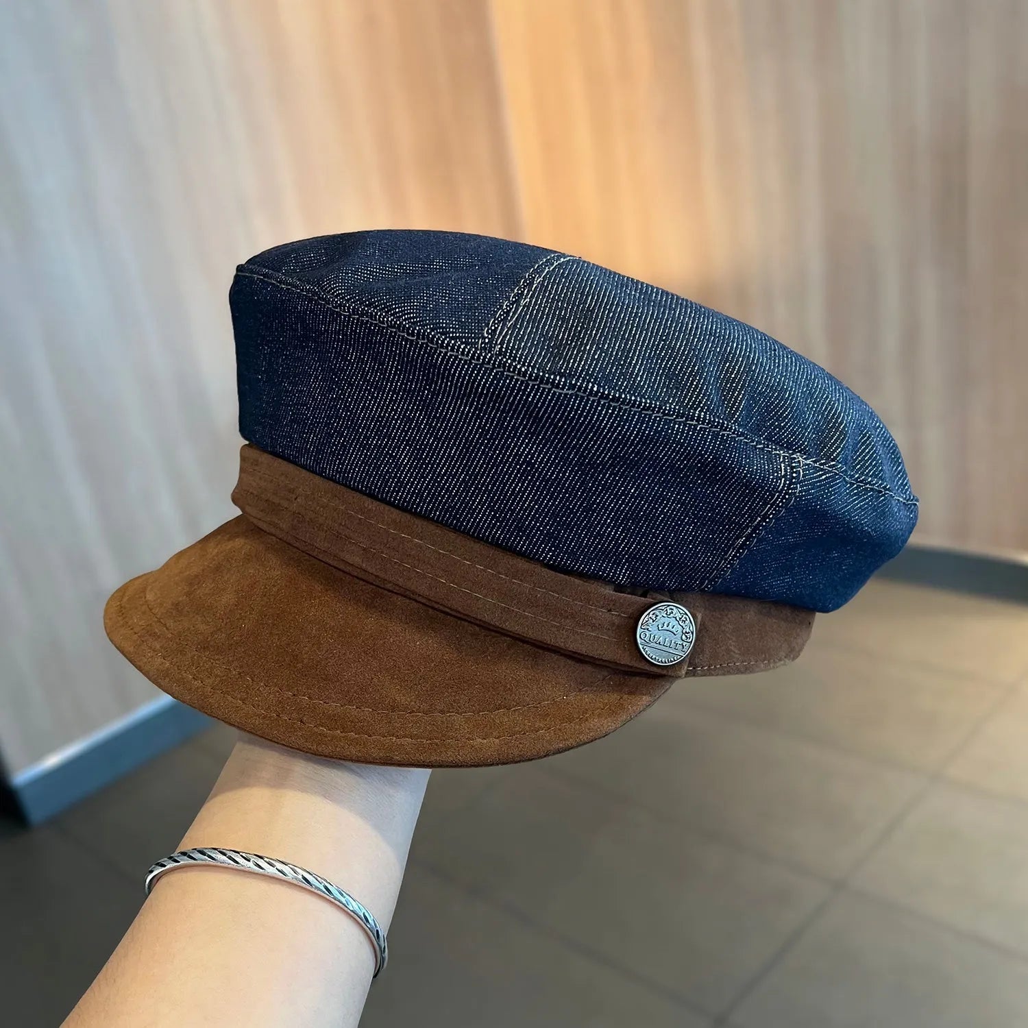 British retro octagonal denim newsboy hat with adjustable size and multiple brim colour options