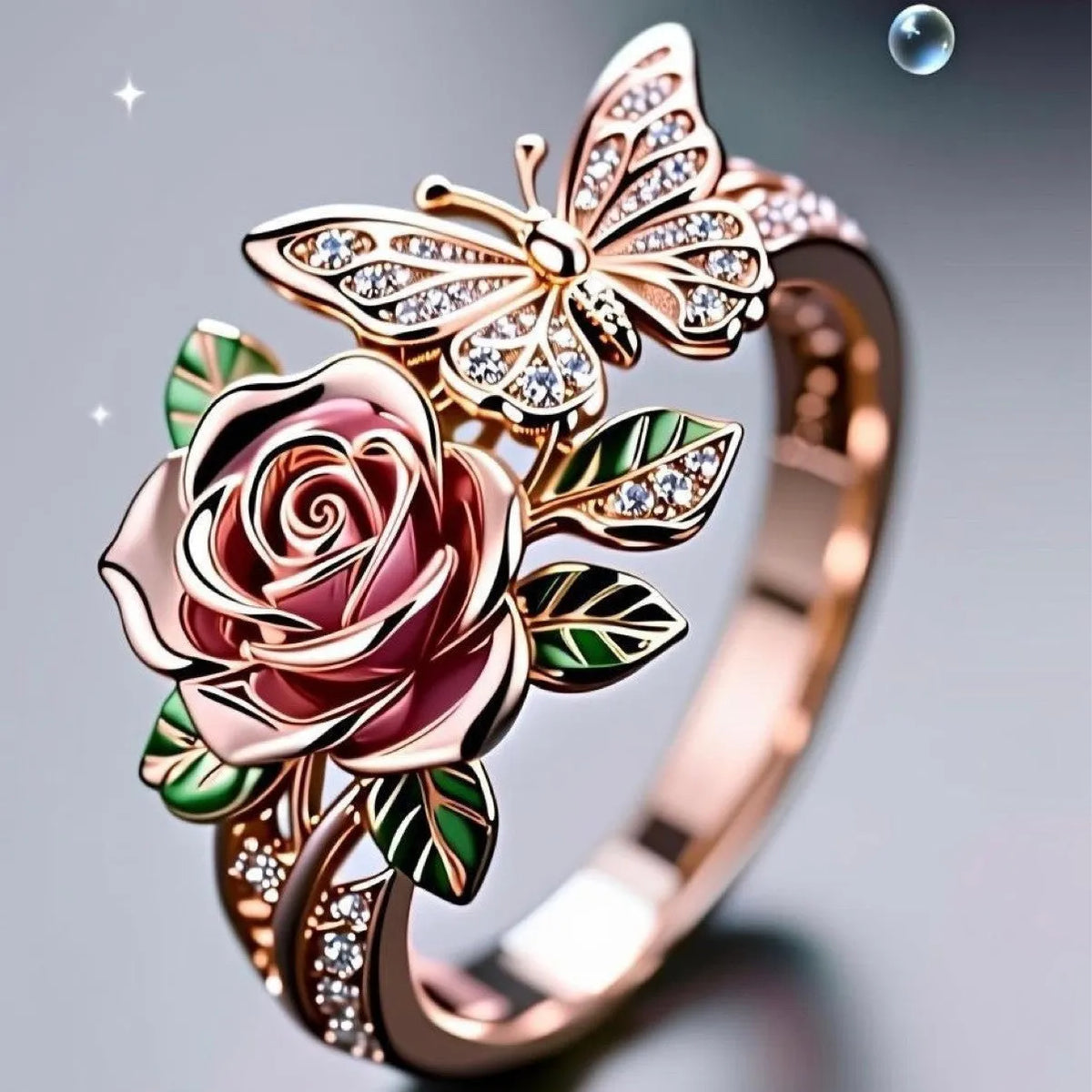 Adjustable fairy style ring with colourful oil-drip finish showing butterfly and rose motifs