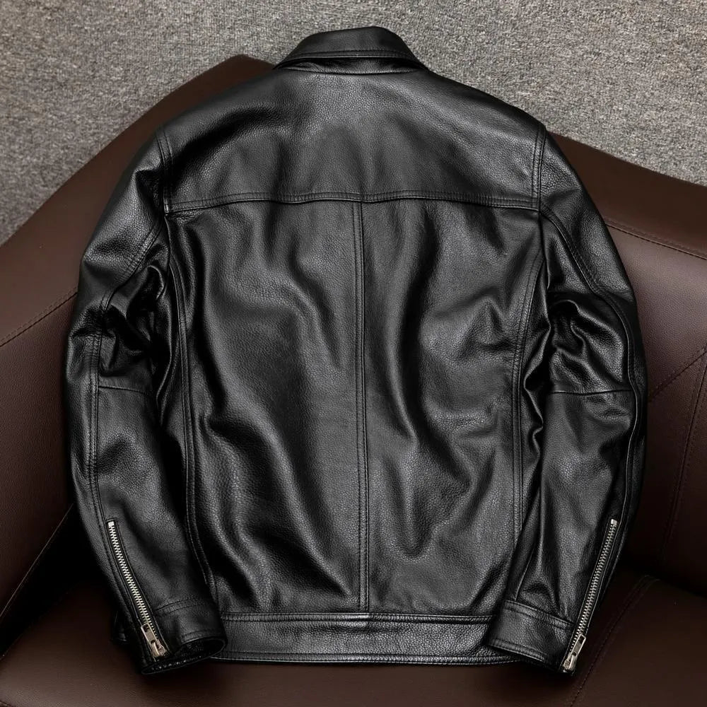 Man wearing a brown retro-style PU leather jacket with a lapel collar and side pockets.